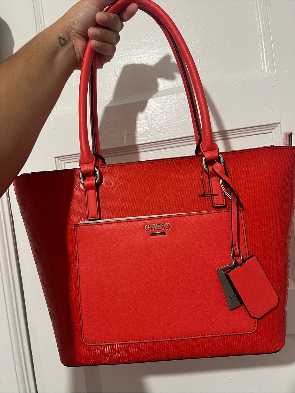 GUESS Red Tote Bag with Front Pocket and Tag Accent